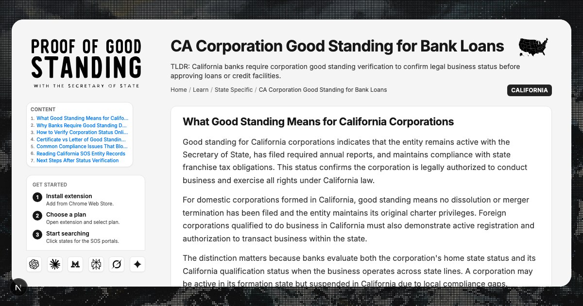 CA Corporation Good Standing for Bank Loans: Requirements