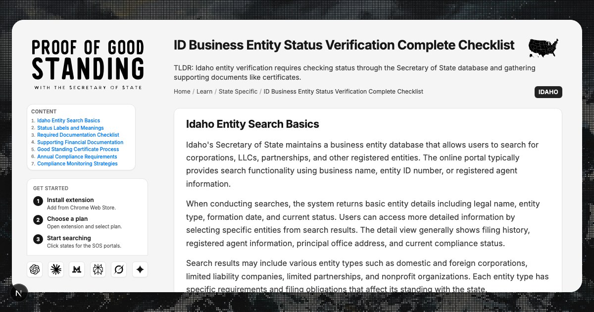 Idaho Business Entity Status Verification Complete Checklist