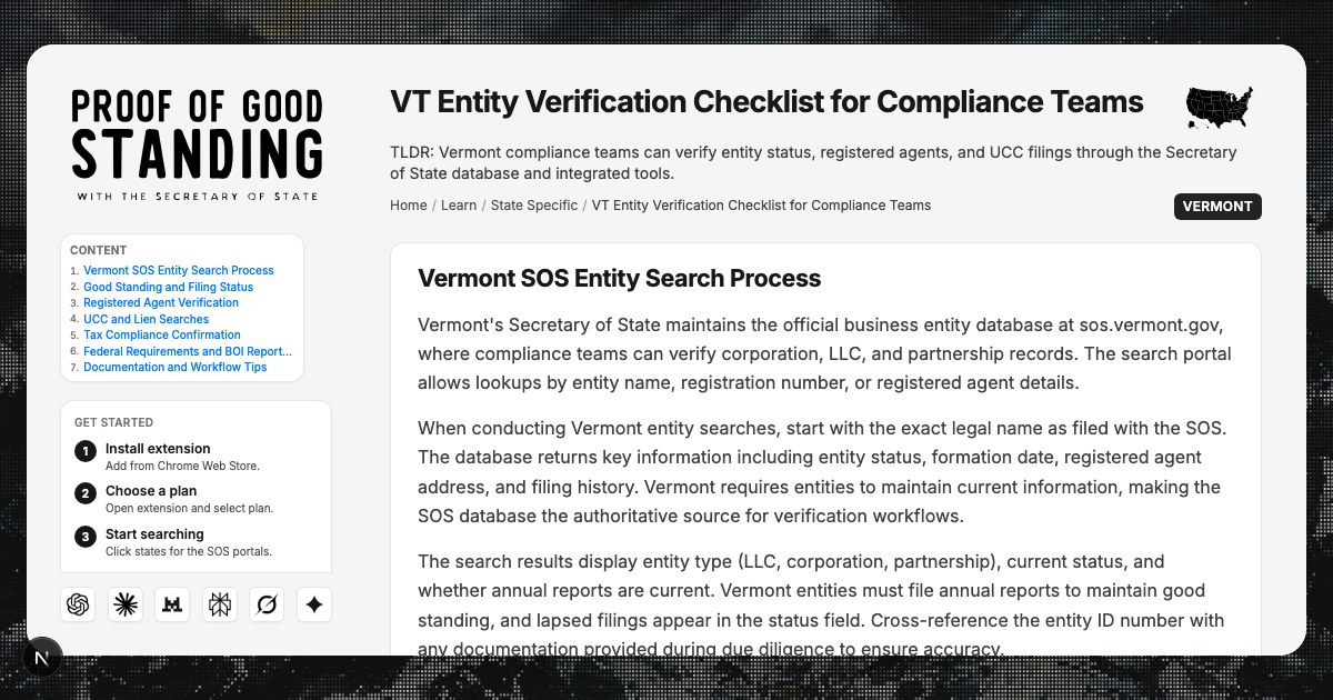Vermont Secretary of State Entity Verification Checklist